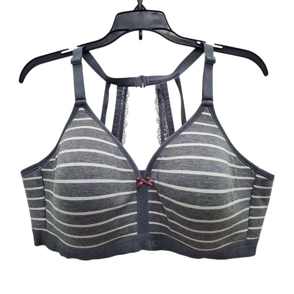 Cacique Gray & White Striped Racerback Wireless Bra